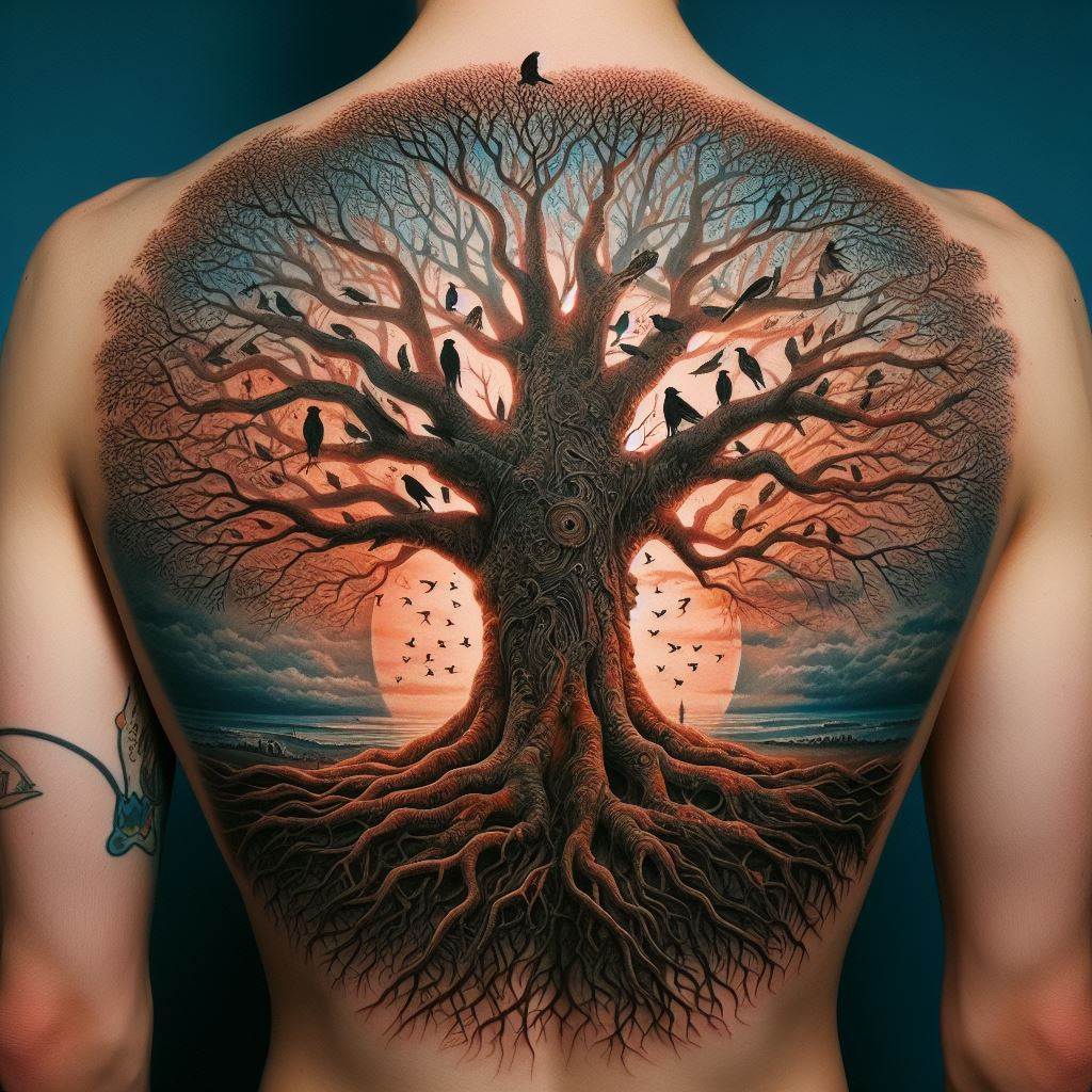 An intricate tattoo of a sprawling tree that covers the entire back, with roots extending down to the lower back and branches reaching up to the shoulders and upper arms. The tree is depicted in a realistic style, with a thick trunk and detailed bark texture. Among the branches, various types of birds and small animals can be seen. The scene is set against a backdrop of a serene sunset, with warm colors blending into the tree's silhouette.