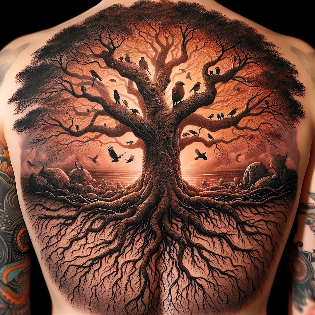 An intricate tattoo of a sprawling tree that covers the entire back, with roots extending down to the lower back and branches reaching up to the shoulders and upper arms. The tree is depicted in a realistic style, with a thick trunk and detailed bark texture. Among the branches, various types of birds and small animals can be seen. The scene is set against a backdrop of a serene sunset, with warm colors blending into the tree's silhouette.
