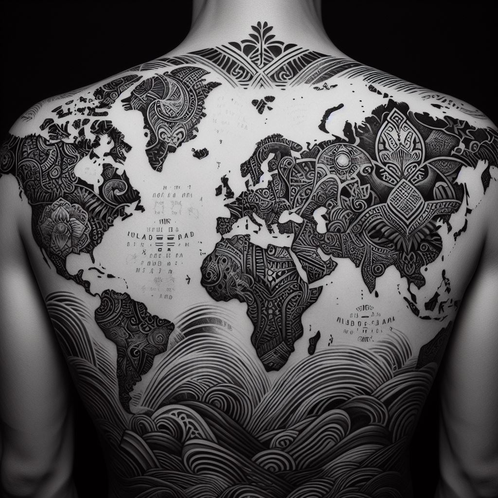 A large, black and white tattoo positioned on the back, showcasing a detailed map of the world. Each continent is filled with traditional patterns and symbols representative of its cultures and history. The oceans are depicted with waves in varying shades of grey, creating a sense of depth and movement. This tattoo not only covers the entire back but also serves as a tribute to global heritage and exploration.