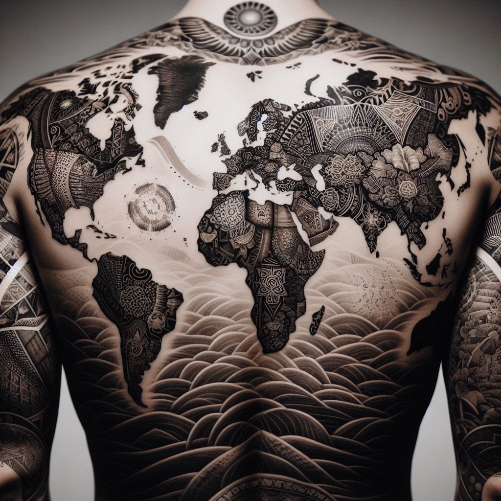 A large, black and white tattoo positioned on the back, showcasing a detailed map of the world. Each continent is filled with traditional patterns and symbols representative of its cultures and history. The oceans are depicted with waves in varying shades of grey, creating a sense of depth and movement. This tattoo not only covers the entire back but also serves as a tribute to global heritage and exploration.