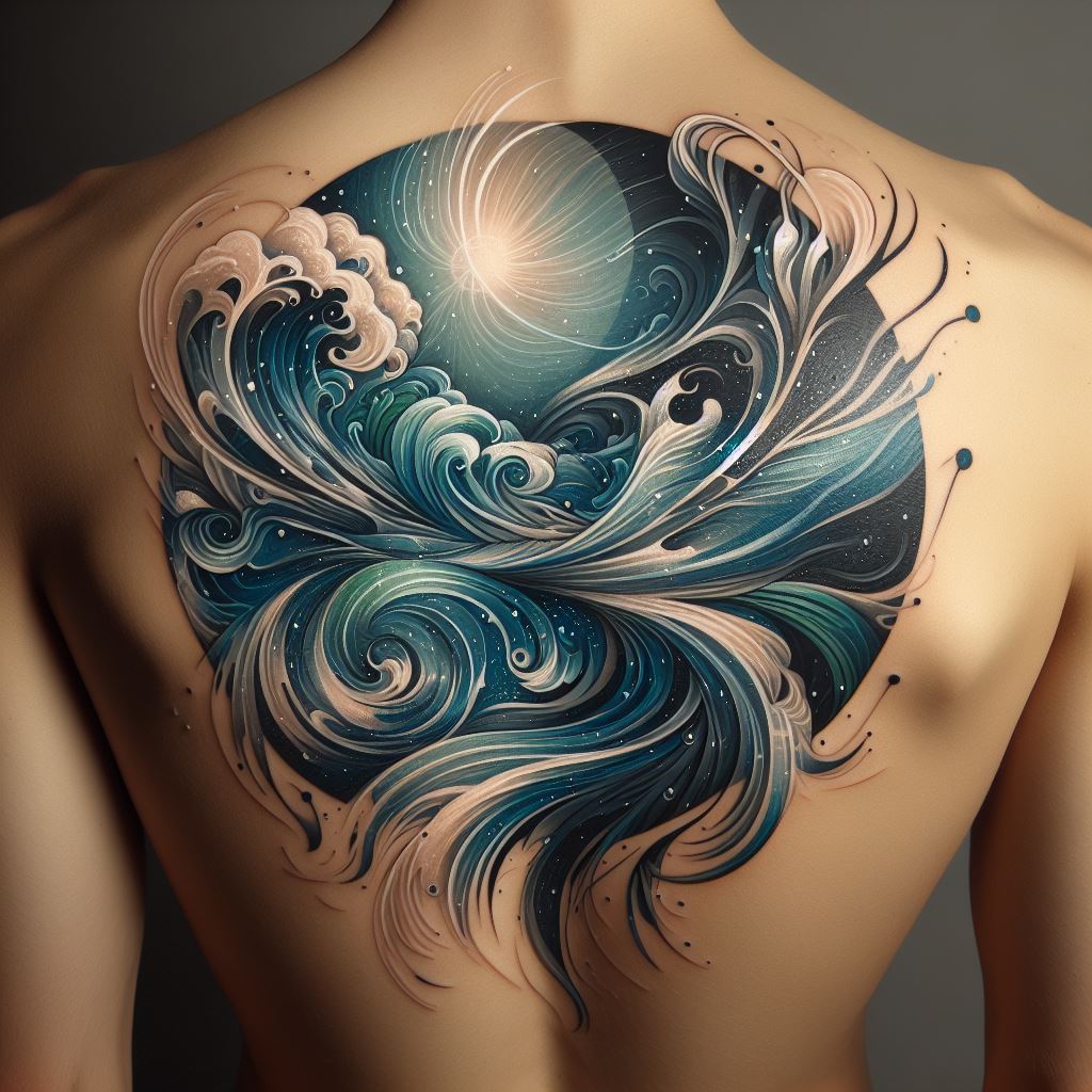 An abstract tattoo that covers the back, featuring flowing shapes and lines that mimic the movement of water. The design incorporates shades of blue and green to create a sense of depth, with white highlights to represent the sparkle of sunlight on water. The composition is balanced with darker areas suggesting the ocean's depths and lighter areas indicating the surface.