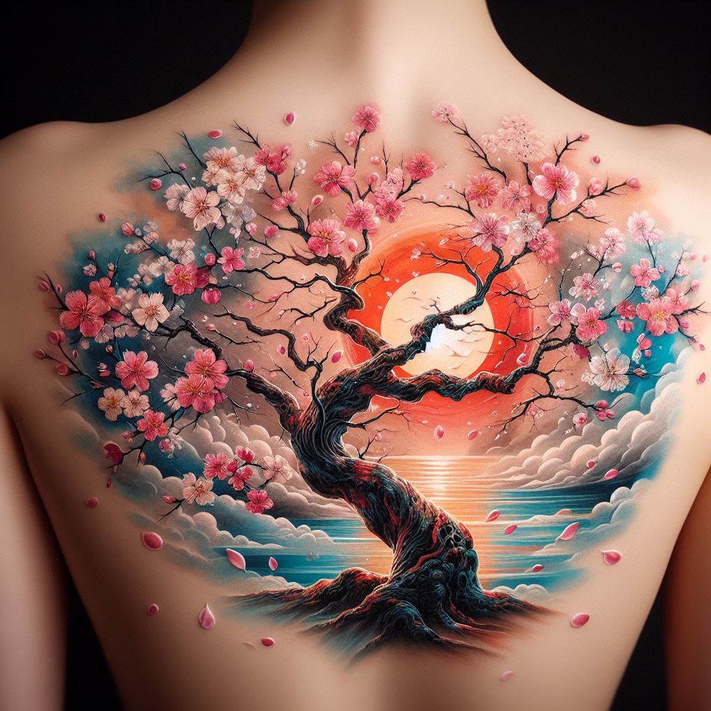 A colorful and detailed tattoo of a Japanese cherry blossom tree, spanning the entire back. The tree's branches arch gracefully, with blossoms in shades of pink, white, and red. The background is a soft, watercolor-like wash of sky blue and sunset hues, giving the impression of a serene spring day. Small petals appear to be falling gently, caught in a silent breeze.