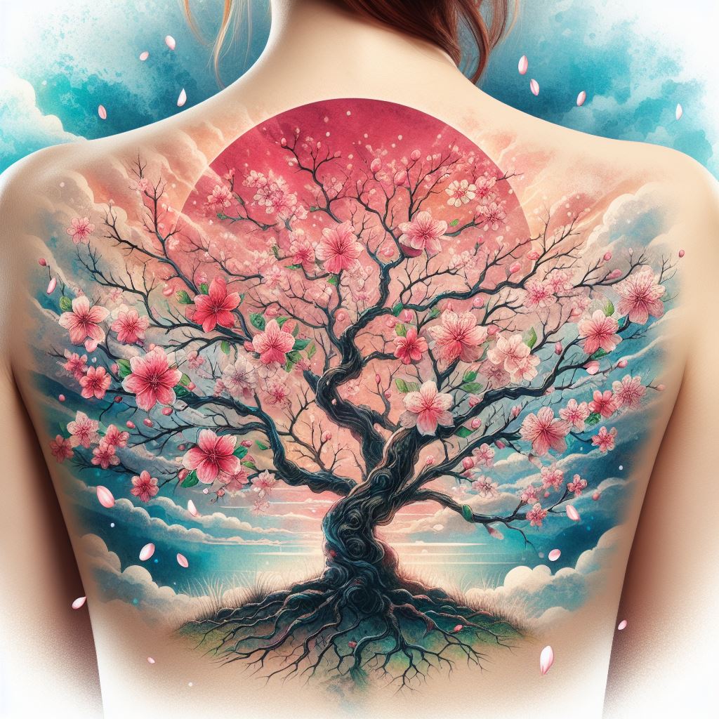 A colorful and detailed tattoo of a Japanese cherry blossom tree, spanning the entire back. The tree's branches arch gracefully, with blossoms in shades of pink, white, and red. The background is a soft, watercolor-like wash of sky blue and sunset hues, giving the impression of a serene spring day. Small petals appear to be falling gently, caught in a silent breeze.