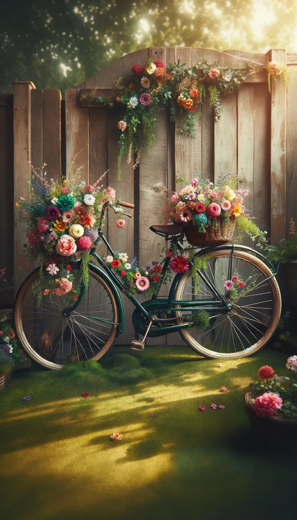 A classic bicycle decorated with vibrant flowers and greenery, creating a picturesque garden scene. The bike is set against a rustic wooden fence, highlighting its elegant design and the colorful blossoms adorning its frame, basket, and handlebars. The scene is bathed in soft, natural light, enhancing the warmth and inviting nature of the arrangement. This image captures the essence of a cozy, outdoor living space, blending the charm of vintage aesthetics with the beauty of nature.