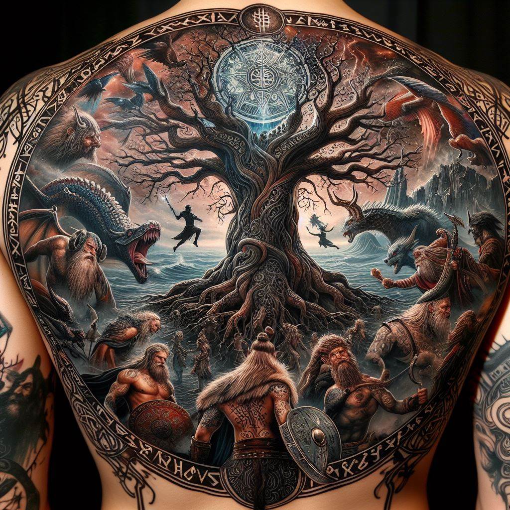 An epic Norse mythology-themed tattoo covering the back, featuring the World Tree, Yggdrasil, at the center. Surrounding the tree are various Norse gods and mythical creatures, such as Odin, Thor, and Jörmungandr, the World Serpent, engaged in battle. The tattoo is rendered in a dramatic, highly detailed style, with runes and symbols etched into the borders for added mystique.