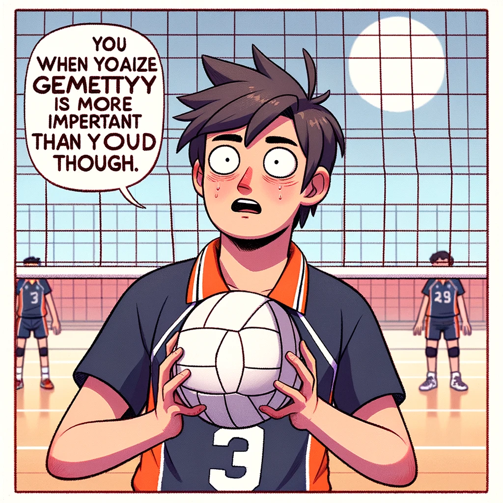 A cartoon of a volleyball player looking confused as they hold a square ball, with the caption "When you realize geometry was more important than you thought."