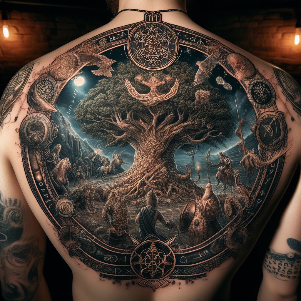 An epic Norse mythology-themed tattoo covering the back, featuring the World Tree, Yggdrasil, at the center. Surrounding the tree are various Norse gods and mythical creatures, such as Odin, Thor, and Jörmungandr, the World Serpent, engaged in battle. The tattoo is rendered in a dramatic, highly detailed style, with runes and symbols etched into the borders for added mystique.
