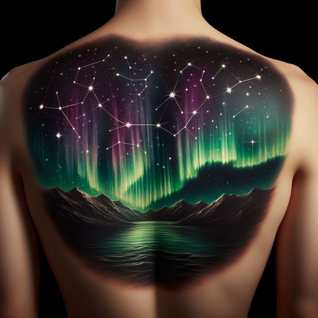 A back tattoo depicting a starry night sky that transitions into a stunning aurora borealis at the lower back. The stars are meticulously placed to represent actual constellations, while the aurora is rendered in vibrant greens and purples. This cosmic scene is framed by silhouetted mountains at the horizon, adding a sense of earthly grounding to the celestial theme.