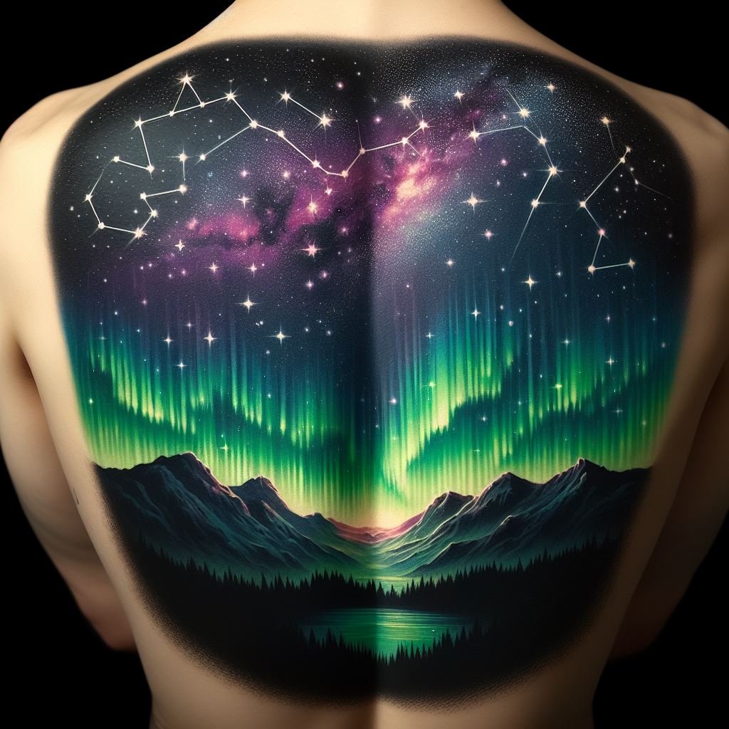 A back tattoo depicting a starry night sky that transitions into a stunning aurora borealis at the lower back. The stars are meticulously placed to represent actual constellations, while the aurora is rendered in vibrant greens and purples. This cosmic scene is framed by silhouetted mountains at the horizon, adding a sense of earthly grounding to the celestial theme.