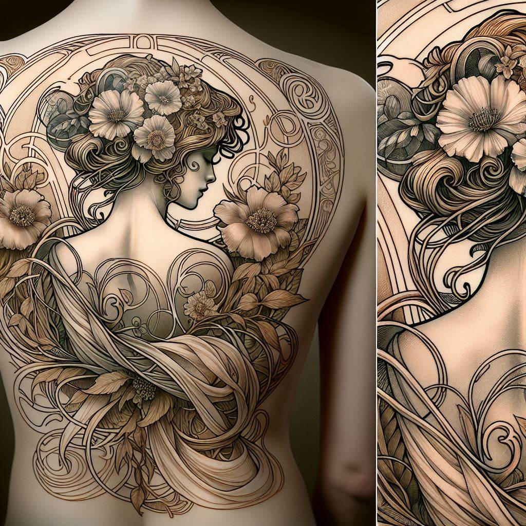 An art nouveau-inspired tattoo that covers the back, featuring an elegant woman draped in flowing fabrics. Her hair is adorned with flowers and leaves, intertwining with the natural elements around her. The design incorporates swirling lines and organic shapes, typical of the art nouveau style, with a muted color palette that emphasizes the beauty of the natural world.