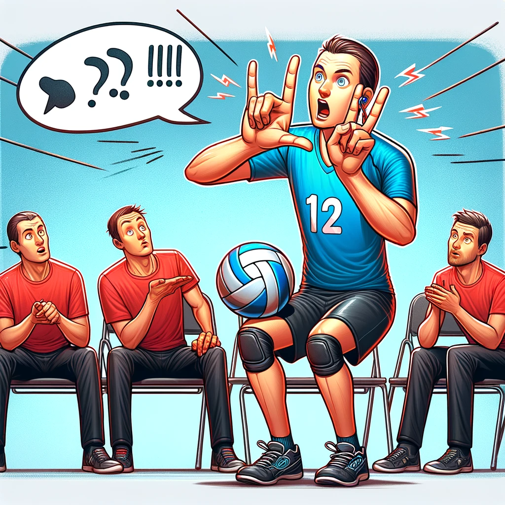 An illustration of a player trying to communicate with the volleyball using sign language, with teammates looking puzzled. Captioned "When you're trying to improve team communication on a whole new level."