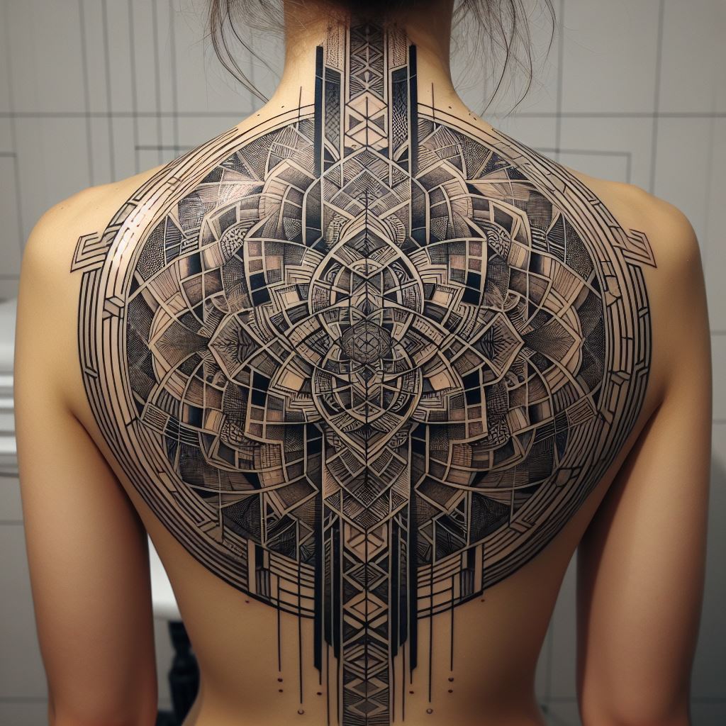 A large, geometric tattoo on the back, consisting of a complex mandala centered on the spine. The design features an intricate pattern of circles, squares, and triangles that radiate outwards, creating a sense of symmetry and balance. The tattoo is done in black and grey, with fine lines and shading to add depth and texture to the geometric shapes.