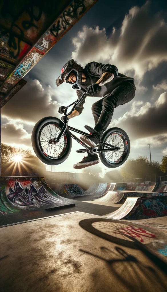A BMX bike customized for extreme sports, featuring a reinforced frame, high-grip tires, and striking graphics. The bike is caught in mid-air, performing a stunt against a backdrop of a graffiti-covered skatepark, showcasing the skill and adrenaline of BMX riding. The dynamic angle of the shot emphasizes the action and the bike's design tailored for performance and durability in extreme conditions. This image captures the essence of BMX culture and the thrill of mastering challenging tricks.