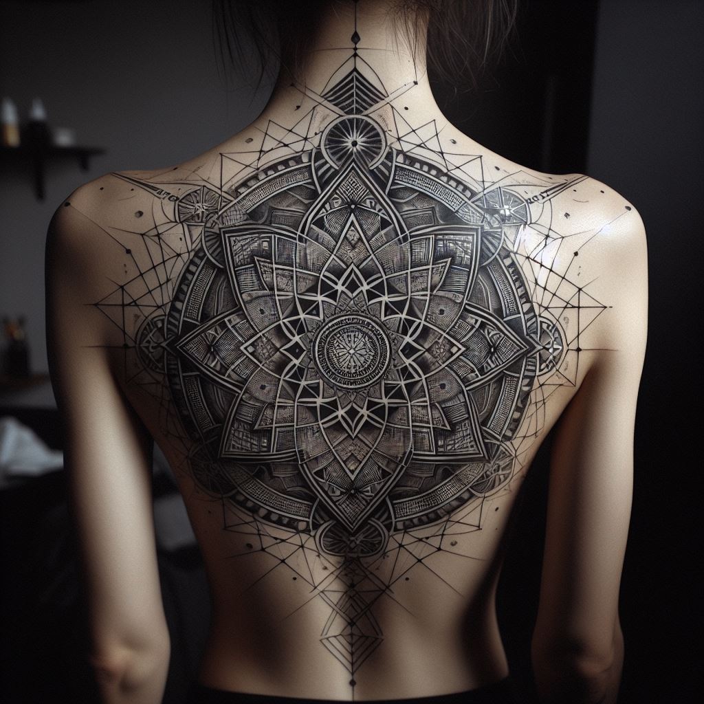 A large, geometric tattoo on the back, consisting of a complex mandala centered on the spine. The design features an intricate pattern of circles, squares, and triangles that radiate outwards, creating a sense of symmetry and balance. The tattoo is done in black and grey, with fine lines and shading to add depth and texture to the geometric shapes.