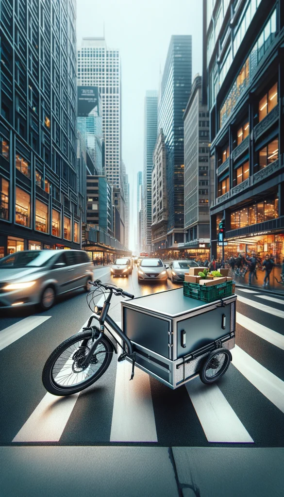A cargo bike ingeniously designed for urban delivery, equipped with a large, secure storage box and eco-friendly features. The bike is captured making its way through a bustling city street, demonstrating its efficiency in navigating urban environments. The image highlights the cargo bike's role in sustainable city living, offering a green alternative for transportation and delivery services. The backdrop of busy streets and city life emphasizes the practicality and environmental benefits of choosing bike-based solutions over traditional vehicles.