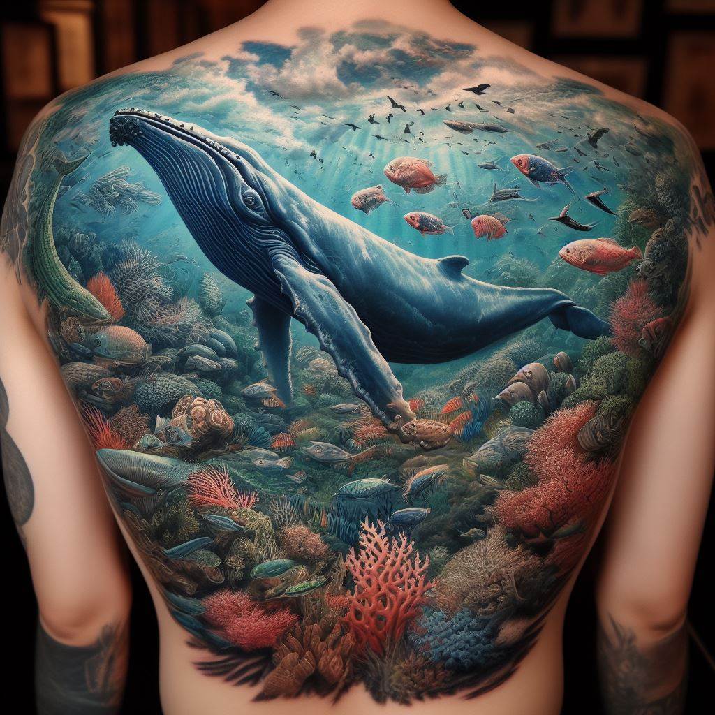 An elaborate tattoo depicting an underwater scene that covers the entire back. It features a diverse array of marine life, including a large, majestic whale at the center, surrounded by schools of fish, coral reefs, and seaweed. The tattoo is rich in color, with shades of blue, green, and coral, creating a vibrant and lifelike portrayal of the ocean's depths.