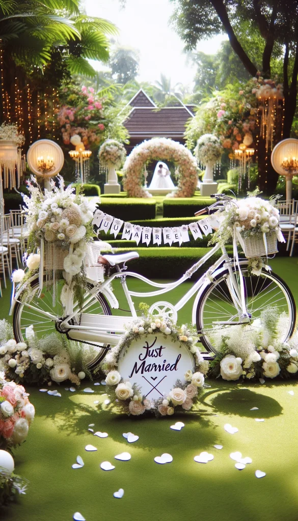 A tandem bicycle beautifully customized for a wedding, with white and floral decorations, ribbons, and a 'Just Married' sign. The bike is set against the romantic backdrop of a flower-filled garden, symbolizing the journey the couple will embark on together. This image captures the joy and love of the special day, with the tandem bike representing teamwork and shared experiences. The lush garden and elegant decorations enhance the festive and loving atmosphere of the wedding celebration.
