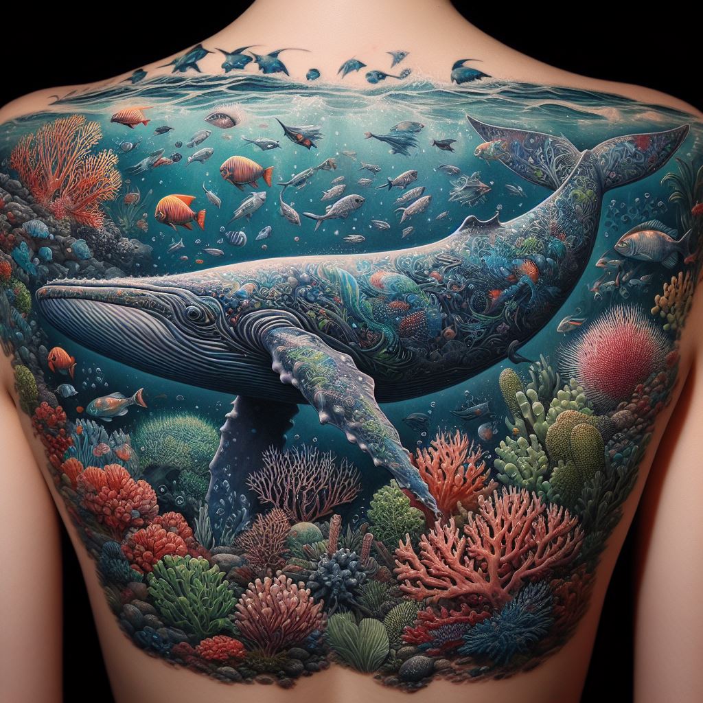 An elaborate tattoo depicting an underwater scene that covers the entire back. It features a diverse array of marine life, including a large, majestic whale at the center, surrounded by schools of fish, coral reefs, and seaweed. The tattoo is rich in color, with shades of blue, green, and coral, creating a vibrant and lifelike portrayal of the ocean's depths.