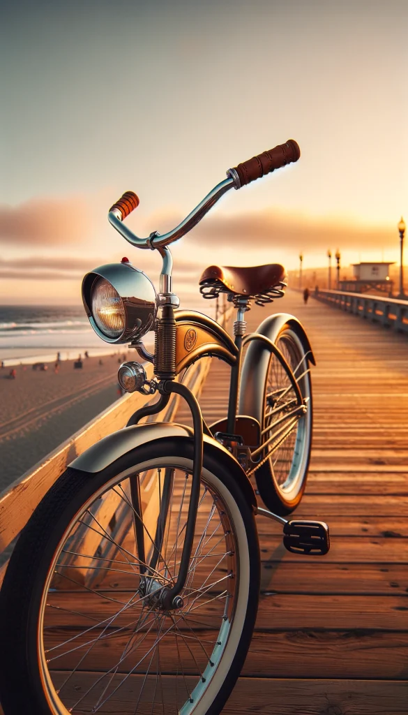 A retro-inspired cruiser bike, complete with a large headlamp, leather grips, and a classic bell. The bike is placed on a picturesque beach boardwalk at sunset, capturing the leisurely essence of coastal living. The warm hues of the setting sun, the gentle waves in the background, and the laid-back atmosphere of the boardwalk complement the bike's vintage charm. This image evokes the joy of leisurely rides along the shore, embracing the beauty of simple pleasures and the timeless appeal of retro design.