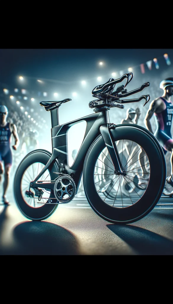 A high-tech triathlon bike, designed for speed and aerodynamics, set in a competitive racing environment. The bike boasts advanced materials, aero bars, and a streamlined design, emphasizing its capabilities in high-speed endurance races. The image captures the bike in a transition area, with competitors in the background, highlighting the intensity and focus of triathlon competitions. This scene showcases the cutting-edge technology and engineering that go into creating a top-performing triathlon bike, geared towards achieving peak performance.