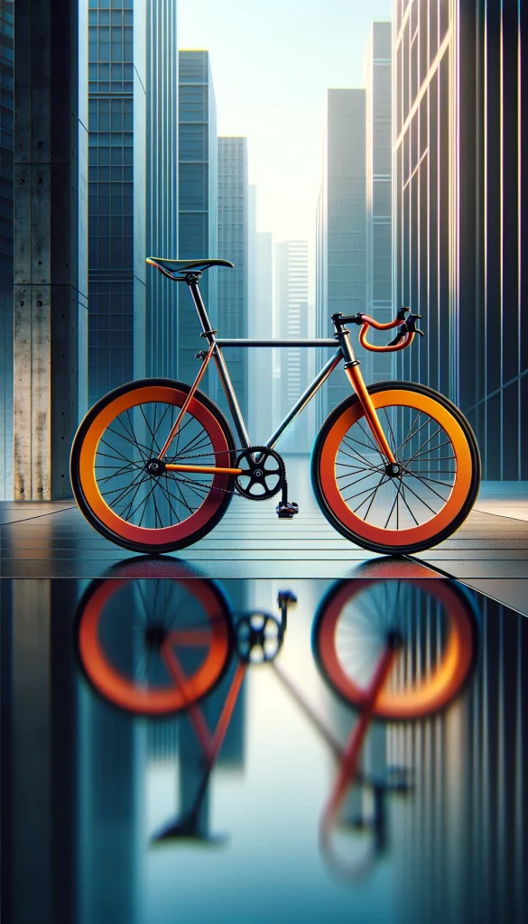 A fixed-gear bike, also known as a fixie, with a minimalist design and bright, bold color scheme. The bike is placed against an urban backdrop of concrete and steel, reflecting its popularity in city environments for its simplicity and style. The scene captures the essence of urban cycling culture, with the fixie standing out as a symbol of personal expression and the joy of riding through city streets. This image celebrates the fixie's sleek design and its role in the vibrant urban bike scene.