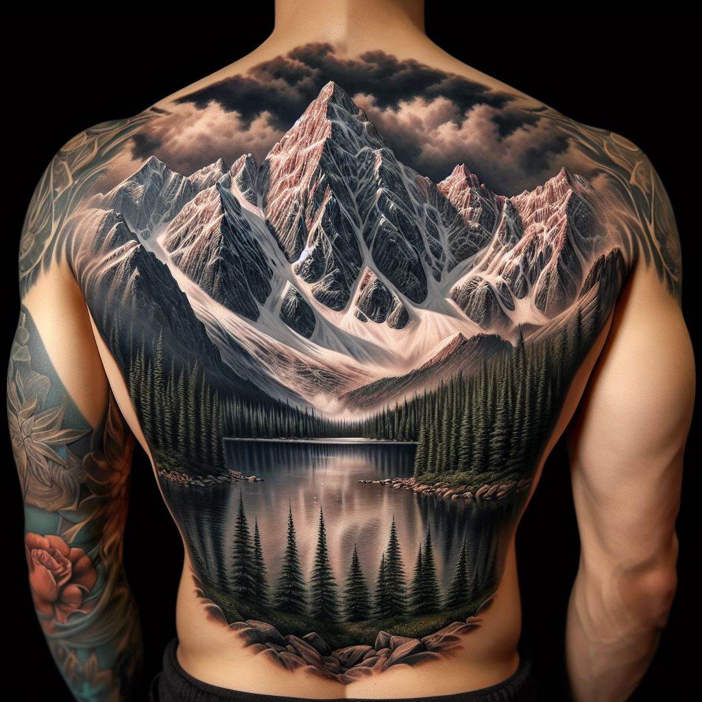 A captivating back tattoo showcasing a majestic mountain landscape that spans the entire back. The scene includes towering peaks with snow-capped tops, a tranquil lake at the base reflecting the mountains, and a forest of pine trees in the foreground. The tattoo is rendered in a realistic style, with meticulous attention to detail in the textures of the rock, water, and foliage, creating a serene and breathtaking natural vista.
