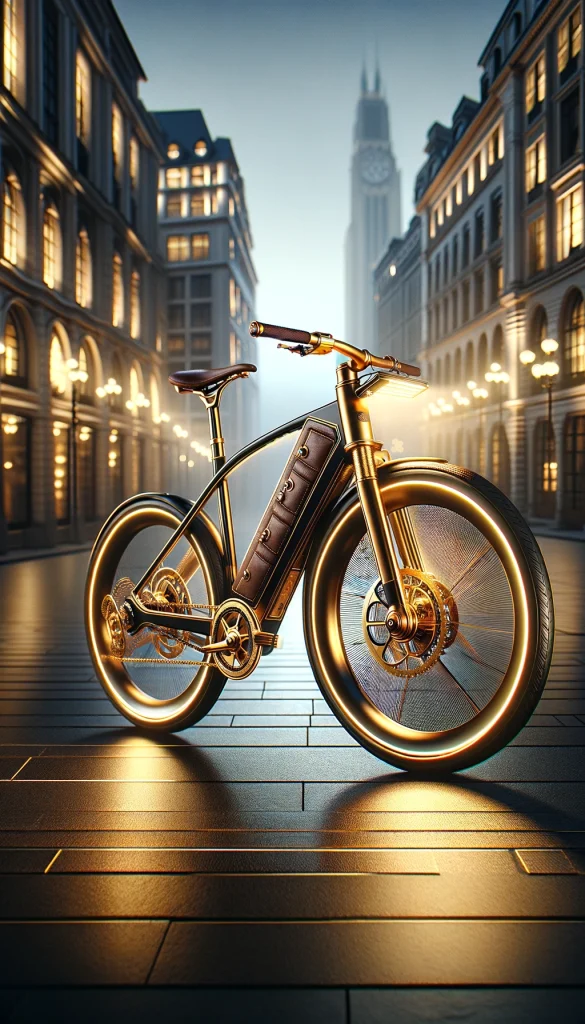 A luxurious bike designed for evening rides, featuring gold-plated components, leather trim, and integrated LED lighting for visibility. The bike is presented in an elegant setting, perhaps a city square at twilight, emphasizing its sophistication and the upscale aspect of cycling. The soft lighting highlights the bike's refined features and the calm, serene environment invites for a leisurely ride. This image portrays the bike as a statement of style and luxury, merging functionality with high-end design.