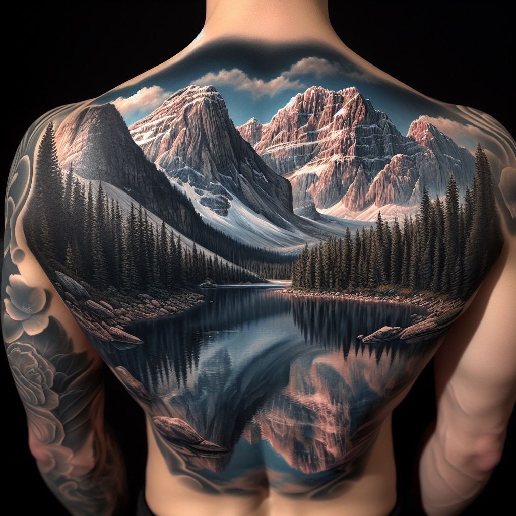 A captivating back tattoo showcasing a majestic mountain landscape that spans the entire back. The scene includes towering peaks with snow-capped tops, a tranquil lake at the base reflecting the mountains, and a forest of pine trees in the foreground. The tattoo is rendered in a realistic style, with meticulous attention to detail in the textures of the rock, water, and foliage, creating a serene and breathtaking natural vista.