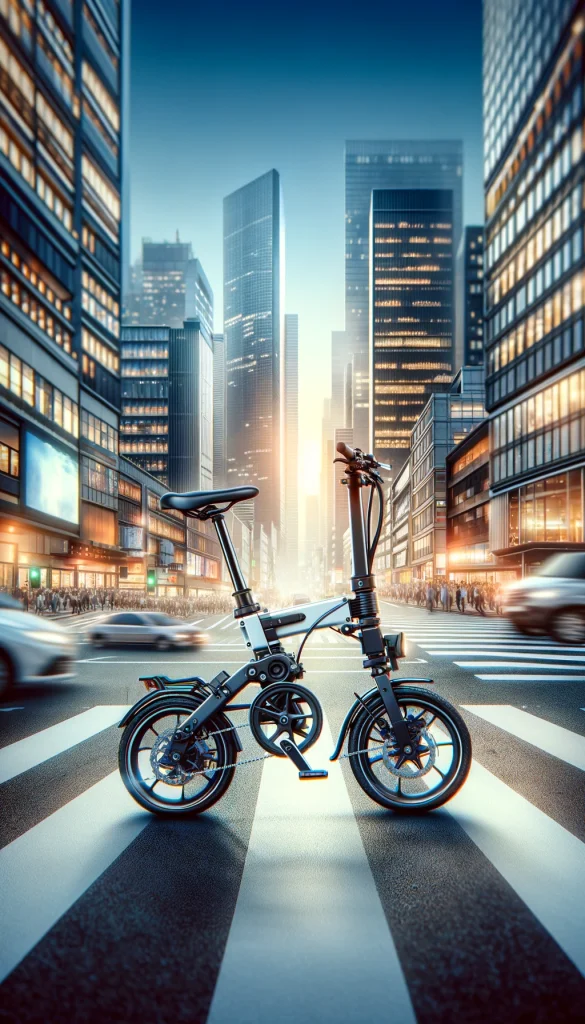 A compact folding electric bike designed for the modern commuter, featuring a lightweight frame, easy fold mechanism, and efficient electric motor. The bike is shown in a bustling city environment, illustrating its convenience for navigating through traffic and tight urban spaces. The backdrop includes busy streets and modern architecture, highlighting the bike's role in facilitating sustainable and flexible urban mobility. This image underscores the practicality and innovative design of compact electric bikes for city dwellers.