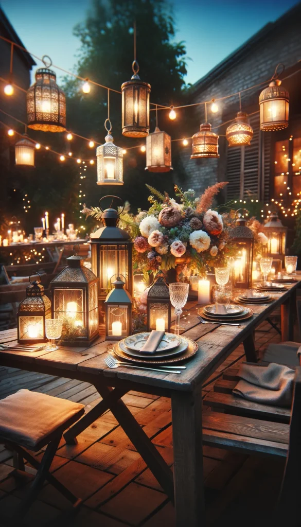 A beautiful outdoor evening setting featuring a rustic wooden table adorned with an array of lanterns of various shapes and sizes. The lanterns are lit, casting a warm, inviting glow over the scene. The table is set for a cozy dinner, with fine china, glassware, and a lush floral centerpiece that complements the rustic charm of the lanterns. Soft, ambient lighting from string lights above adds to the magical atmosphere, creating a perfect backdrop for a romantic dinner or a small gathering with friends. This setup showcases the versatility and decorative potential of lanterns in enhancing outdoor dining experiences.