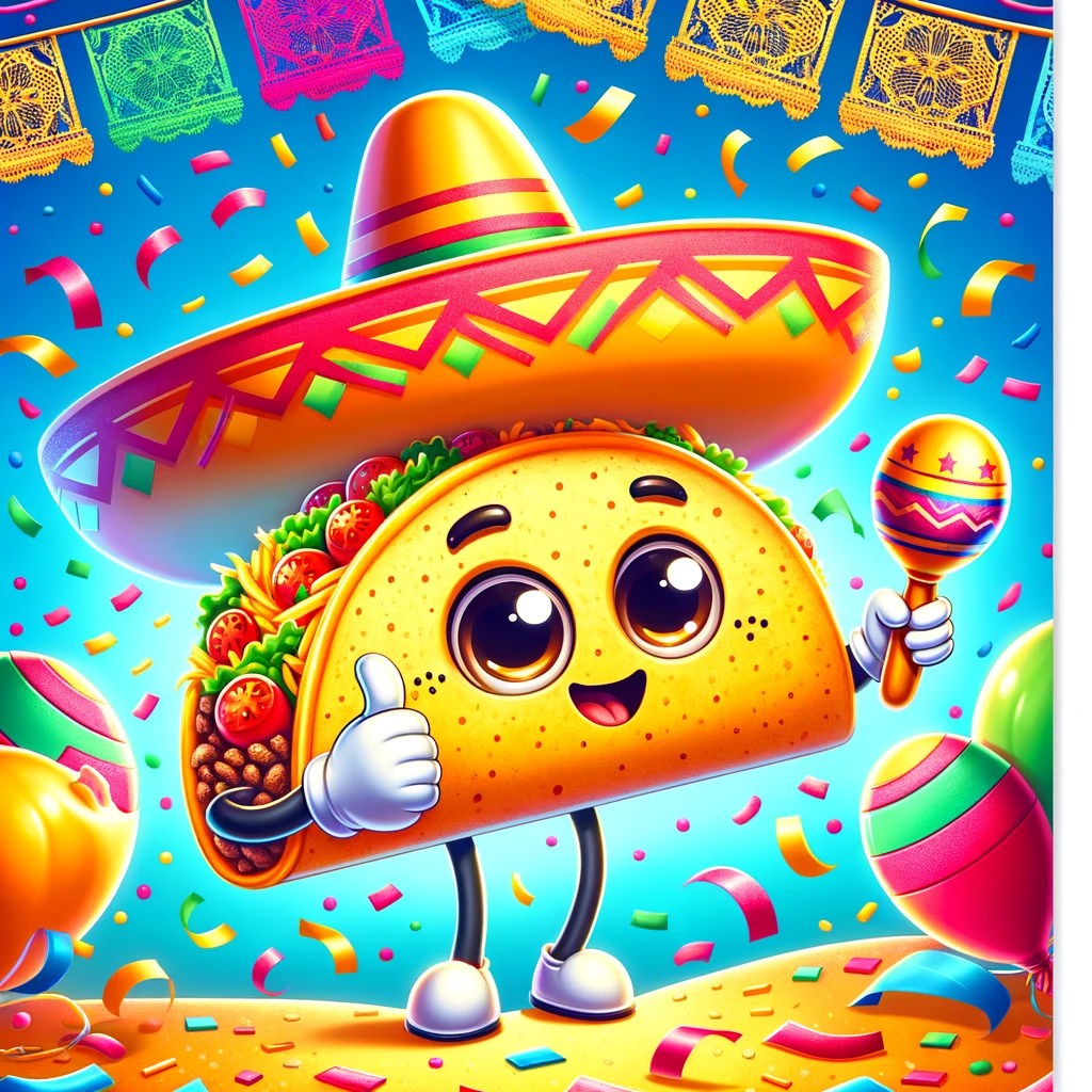 A vibrant image of a delicious taco, with cartoon eyes and a sombrero, standing in front of a festive background with confetti and streamers. The taco is holding a small maraca in one hand and giving a thumbs up with the other. A caption at the bottom reads, "When it's Taco Tuesday, and you're the life of the party!"