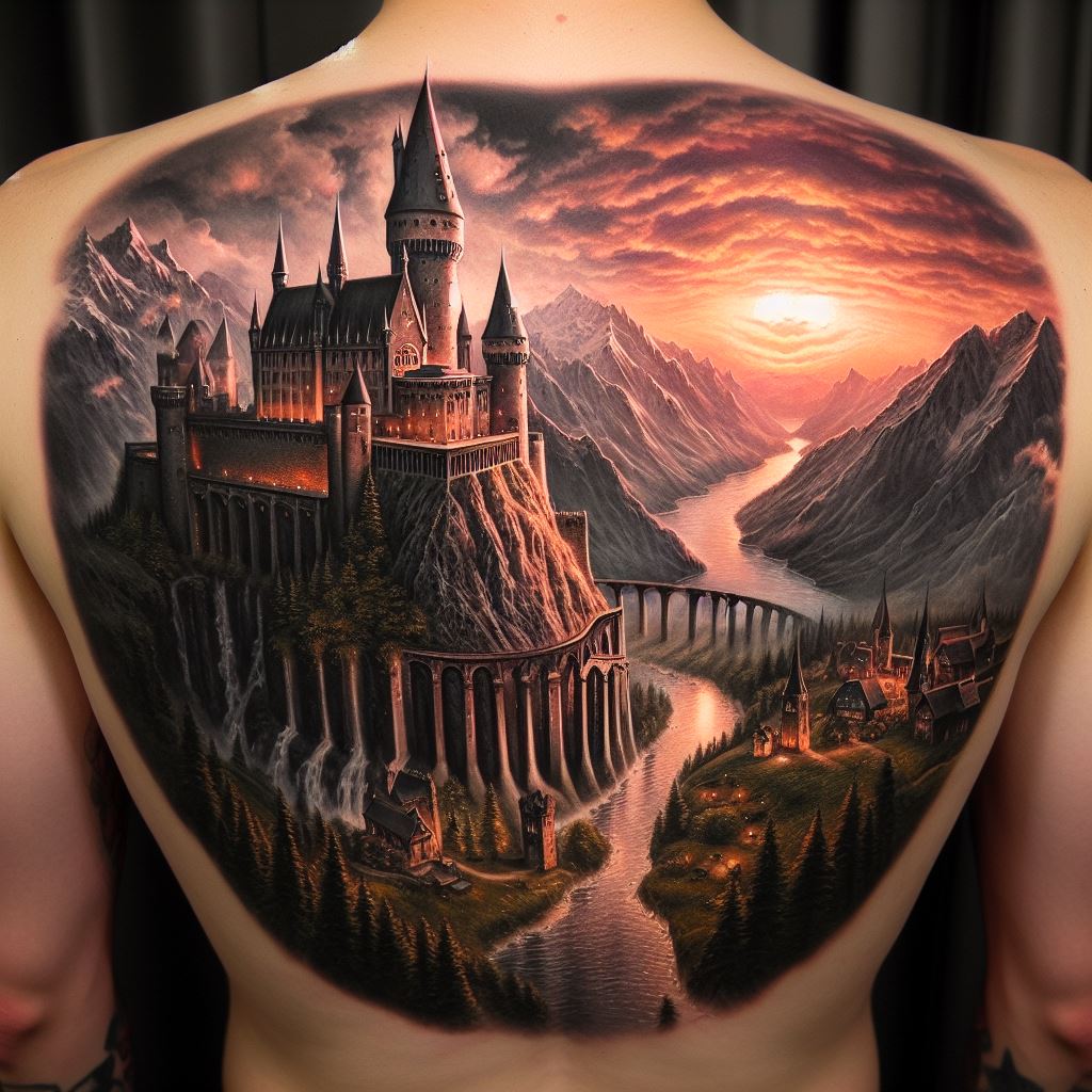 An expansive tattoo on the back featuring a detailed portrayal of a medieval castle perched atop a cliff, overlooking a vast kingdom. The castle is intricately designed with turrets, battlements, and a grand entrance gate. Surrounding the castle, a lush landscape unfolds with rolling hills, a flowing river, and distant villages. The scene is captured at sunset, with warm hues of orange and pink in the sky, adding a magical and historical ambiance.
