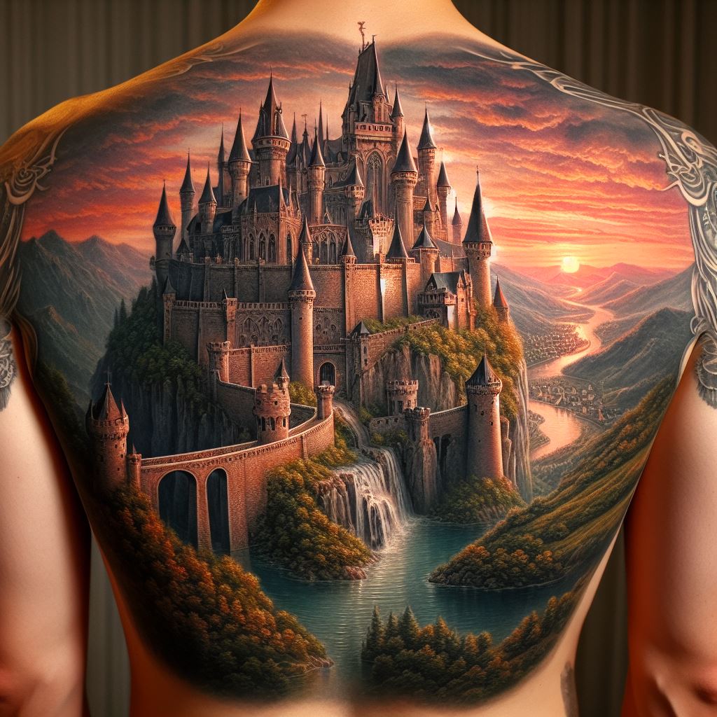 An expansive tattoo on the back featuring a detailed portrayal of a medieval castle perched atop a cliff, overlooking a vast kingdom. The castle is intricately designed with turrets, battlements, and a grand entrance gate. Surrounding the castle, a lush landscape unfolds with rolling hills, a flowing river, and distant villages. The scene is captured at sunset, with warm hues of orange and pink in the sky, adding a magical and historical ambiance.