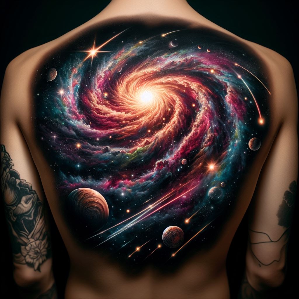 A large, dynamic tattoo on the back depicting a cosmic scene with a swirling galaxy at its center. The galaxy is rendered in vibrant colors, with stars, planets, and nebulae spiraling around a luminous core. Meteor showers and comets streak across the skin, adding movement and energy to the design. The background is a deep, velvety black, punctuated by distant stars, creating a sense of infinite space and wonder.