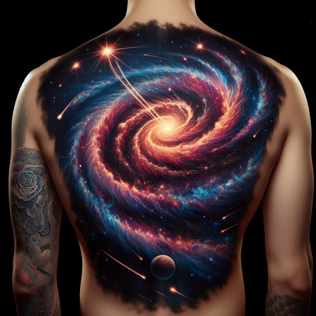 A large, dynamic tattoo on the back depicting a cosmic scene with a swirling galaxy at its center. The galaxy is rendered in vibrant colors, with stars, planets, and nebulae spiraling around a luminous core. Meteor showers and comets streak across the skin, adding movement and energy to the design. The background is a deep, velvety black, punctuated by distant stars, creating a sense of infinite space and wonder.