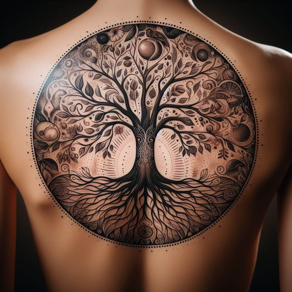 An elegant and symbolic tattoo covering the back, featuring the Tree of Life. The tree's roots are deep and spread wide, symbolizing stability and connection to the earth, while its branches reach up towards the sky, representing growth and aspiration. The design incorporates various symbols of life, such as birds, fruits, and flowers, each detailed and vibrant. The overall composition is balanced and harmonious, reflecting the interconnectedness of all life.