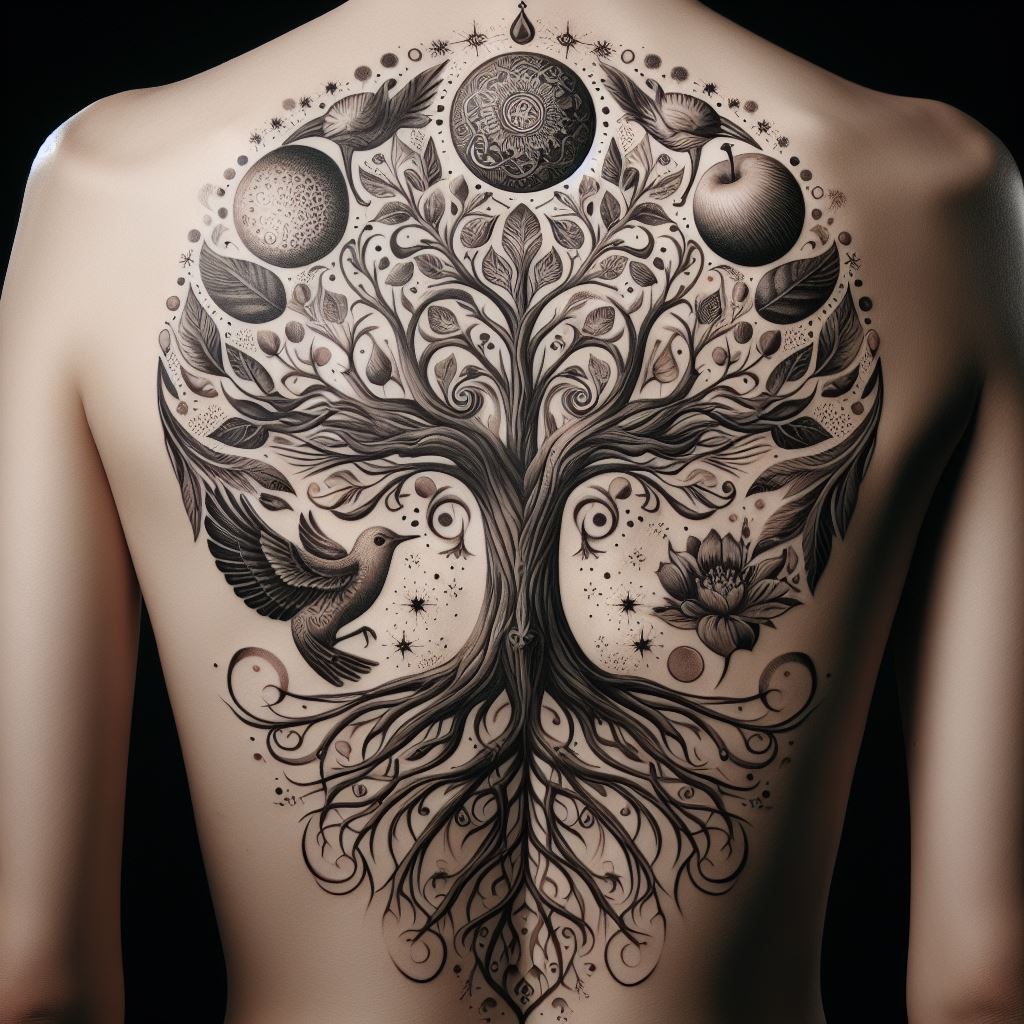 An elegant and symbolic tattoo covering the back, featuring the Tree of Life. The tree's roots are deep and spread wide, symbolizing stability and connection to the earth, while its branches reach up towards the sky, representing growth and aspiration. The design incorporates various symbols of life, such as birds, fruits, and flowers, each detailed and vibrant. The overall composition is balanced and harmonious, reflecting the interconnectedness of all life.