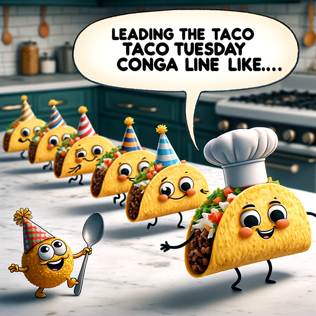 A humorous scene of a group of tacos doing the conga line, each with cartoon eyes and smiling mouths. They are wearing tiny party hats and moving across a kitchen countertop. In the foreground, a larger taco with a chef's hat leads the conga line, holding a spoon like a baton. A caption above reads, "Leading the Taco Tuesday conga line like..."