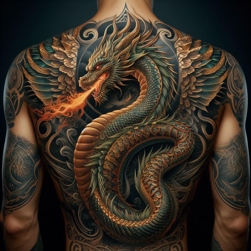 A powerful back tattoo depicting an ancient dragon coiled around the spine, with its wings unfurled across the shoulders and its head turned to gaze over the shoulder. The dragon is designed with scales that shimmer in shades of green and gold, and its eyes are a piercing red. Flames emanate from its mouth, trailing down the back, and intricate patterns and symbols from Eastern mythology are woven into the design, adding depth and meaning.