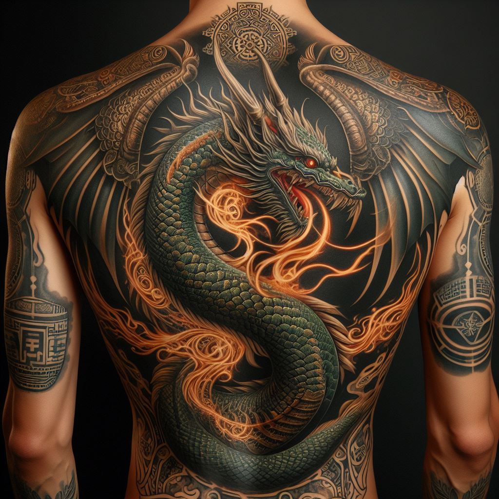 A powerful back tattoo depicting an ancient dragon coiled around the spine, with its wings unfurled across the shoulders and its head turned to gaze over the shoulder. The dragon is designed with scales that shimmer in shades of green and gold, and its eyes are a piercing red. Flames emanate from its mouth, trailing down the back, and intricate patterns and symbols from Eastern mythology are woven into the design, adding depth and meaning.