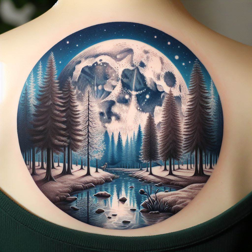 A serene and beautiful tattoo on the back featuring a full moon illuminating a tranquil forest scene. The moon is detailed and bright, casting soft light on the trees and the forest floor below, where a clear stream meanders through. The trees are depicted in various stages of life, from saplings to towering elders, symbolizing growth and the passage of time. The overall effect is calming and reflective, inviting contemplation.