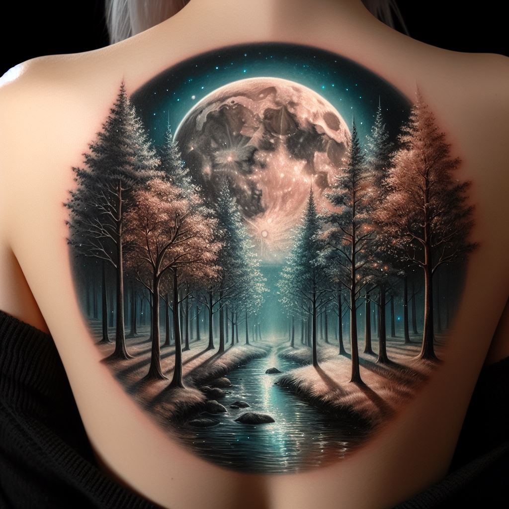 A serene and beautiful tattoo on the back featuring a full moon illuminating a tranquil forest scene. The moon is detailed and bright, casting soft light on the trees and the forest floor below, where a clear stream meanders through. The trees are depicted in various stages of life, from saplings to towering elders, symbolizing growth and the passage of time. The overall effect is calming and reflective, inviting contemplation.