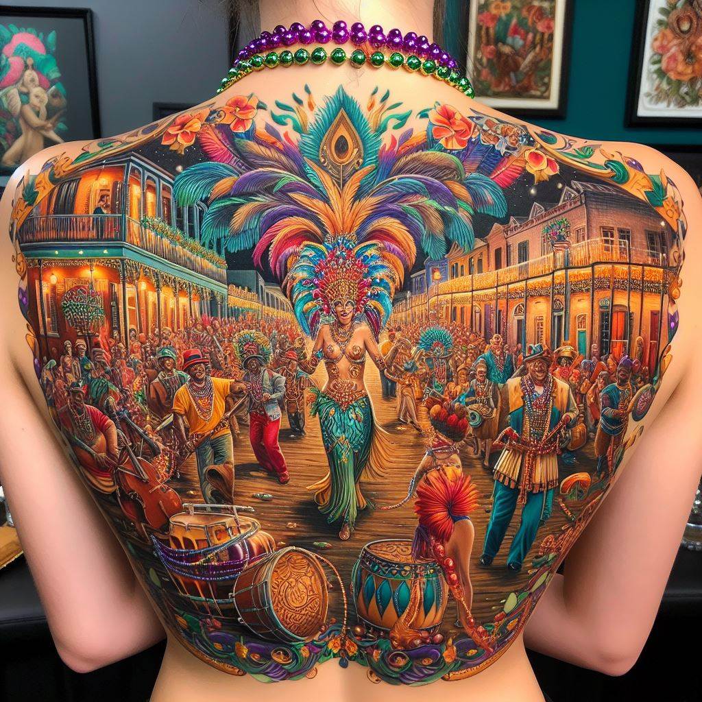A vibrant and lively tattoo on the back depicting a traditional Mardi Gras parade. The scene is filled with musicians, dancers, and elaborate floats, each character and element rendered in bright, festive colors. Beads, feathers, and masks add texture and depth to the design, capturing the spirit of celebration and joy. The background hints at the historic streets of New Orleans, adding a sense of place and authenticity to the scene.