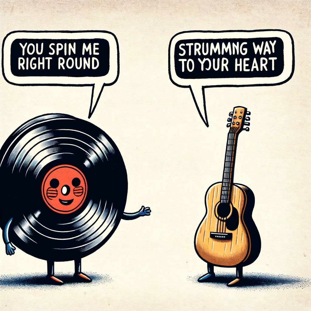 An image of a vinyl record and a guitar having a conversation, with speech bubbles that say, "You spin me right round" and "Strumming my way into your heart," captioned, "When music genres have a chat."