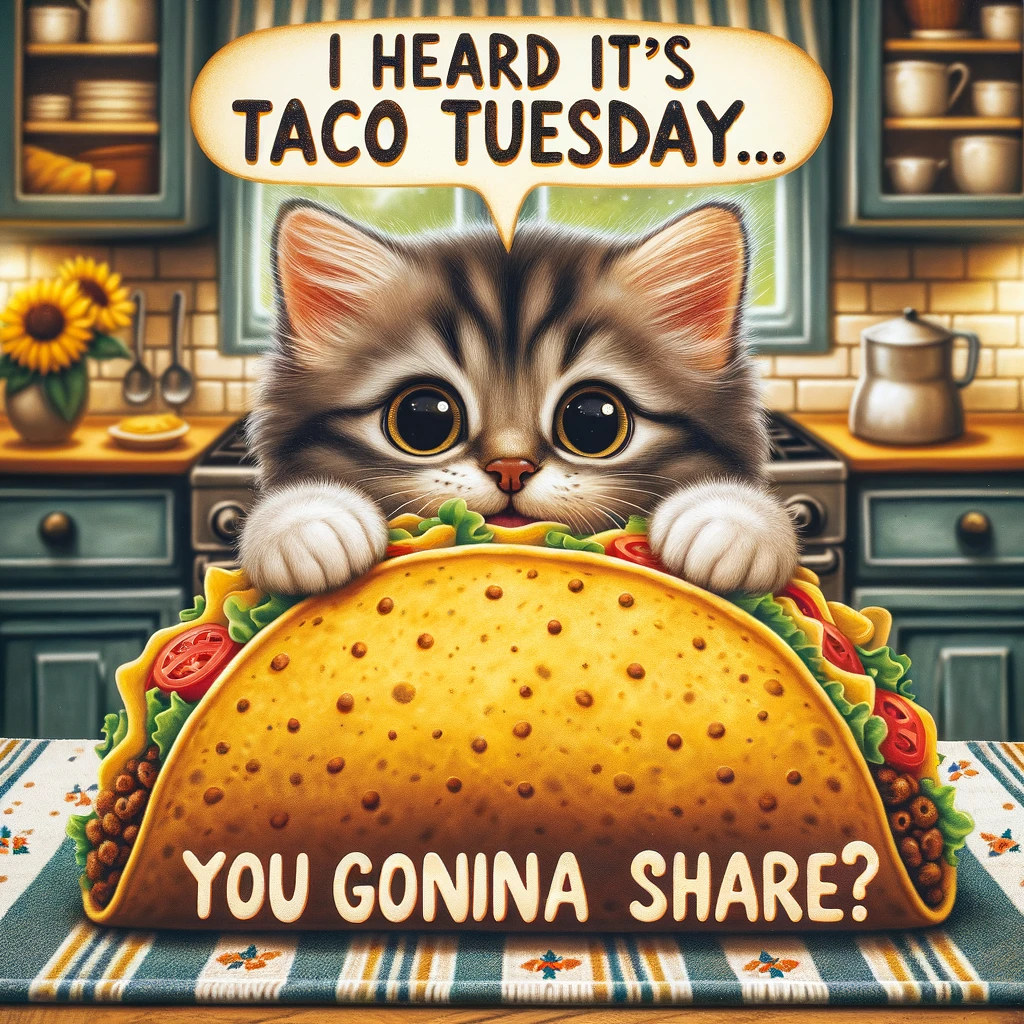 An adorable image of a kitten peeking out from behind a giant taco, with wide eyes full of excitement. The background is a cozy kitchen setting. Above the scene, a playful caption reads, "I heard it's Taco Tuesday... you gonna share?"
