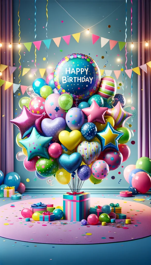 A vibrant centerpiece for a birthday party featuring a bouquet of balloons in various shapes and sizes, including stars and hearts, arranged around a central, larger balloon with 'Happy Birthday' written on it. The background is a festive party setting with confetti and streamers, showcasing how balloons can enhance the celebration atmosphere. The balloons should have a mix of bright colors like pink, blue, green, and yellow, adding a lively and cheerful vibe to the scene.