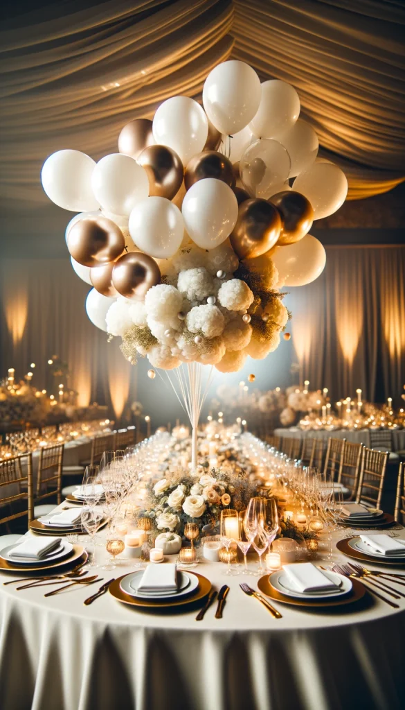 Elegant wedding reception table decorated with clusters of white and gold balloons, floating gracefully above the table setting. The table is adorned with fine china, crystal glasses, and a floral centerpiece that complements the balloon arrangement. The overall ambiance is sophisticated and romantic, with warm, soft lighting illuminating the scene. The balloons add a whimsical touch to the elegance, showing how they can be used in more formal events to create a unique and memorable atmosphere.