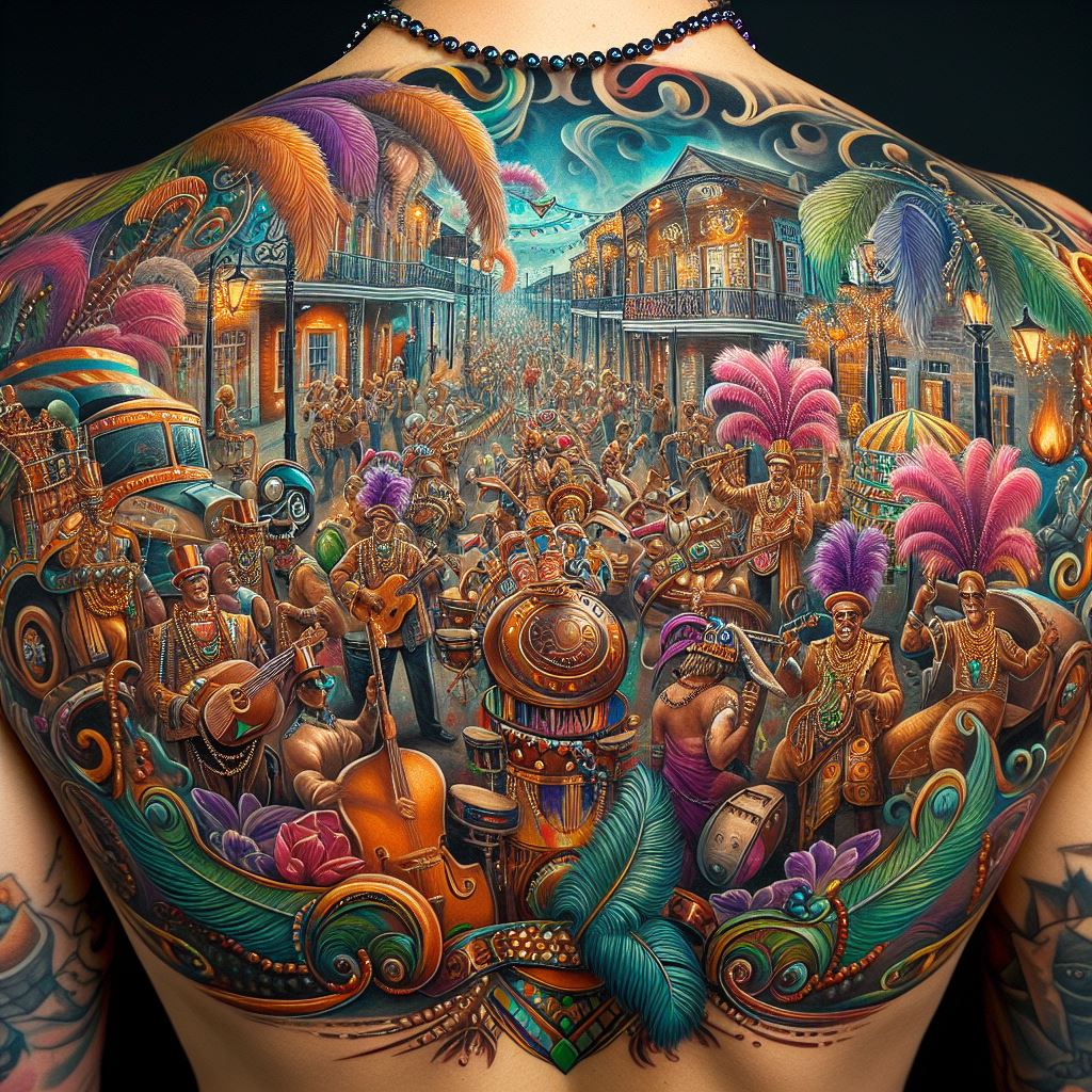 A vibrant and lively tattoo on the back depicting a traditional Mardi Gras parade. The scene is filled with musicians, dancers, and elaborate floats, each character and element rendered in bright, festive colors. Beads, feathers, and masks add texture and depth to the design, capturing the spirit of celebration and joy. The background hints at the historic streets of New Orleans, adding a sense of place and authenticity to the scene.