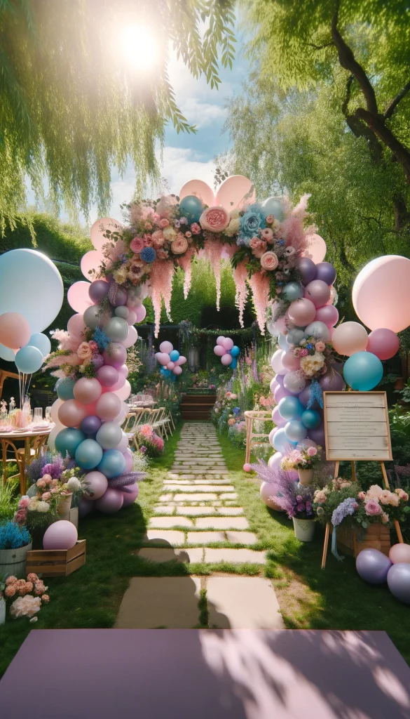 A festive outdoor garden party setup featuring a balloon arch in pastel shades of pink, blue, and lavender, creating a magical entryway. The arch is adorned with flowers and greenery, seamlessly integrating with the natural garden surroundings. Beneath the arch, a wooden sign welcomes guests to the celebration. The scene captures the essence of a springtime party, with sunlight filtering through the trees, illuminating the vibrant colors of the balloons and the lush garden background.