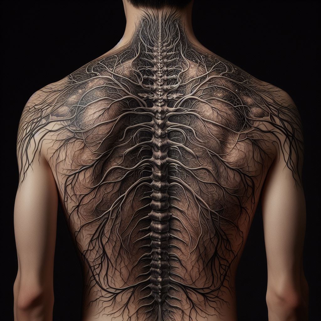 An intricate back tattoo featuring a detailed depiction of the human nervous system, with the spinal column at the center and nerves branching out across the back. The design is both artistic and anatomical, with the nerves rendered in a way that resembles delicate filigree. The tattoo serves as a tribute to the complexity and beauty of the human body, combining elements of science and art in a stunning visual representation.